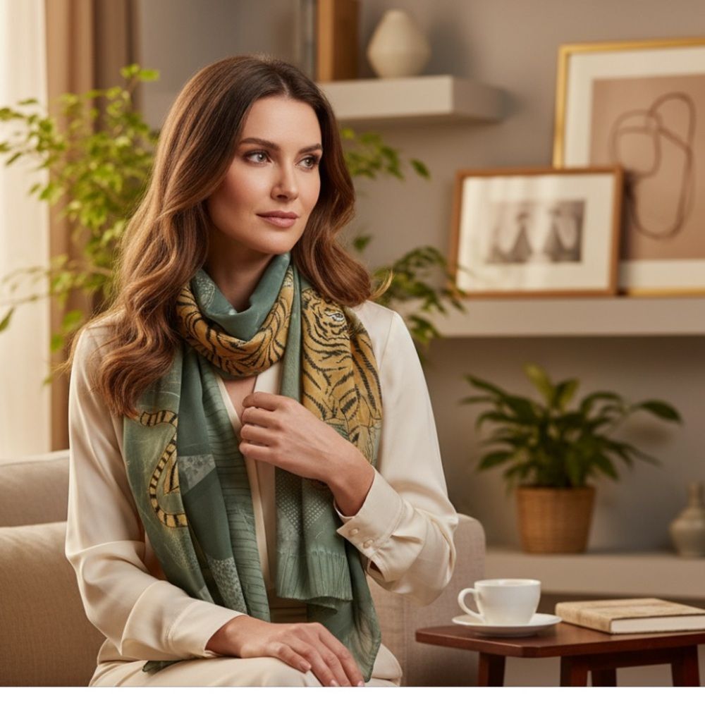 Sage Green Tiger Print Sheer Shawl Scarf | Oversized Lightweight Wrap